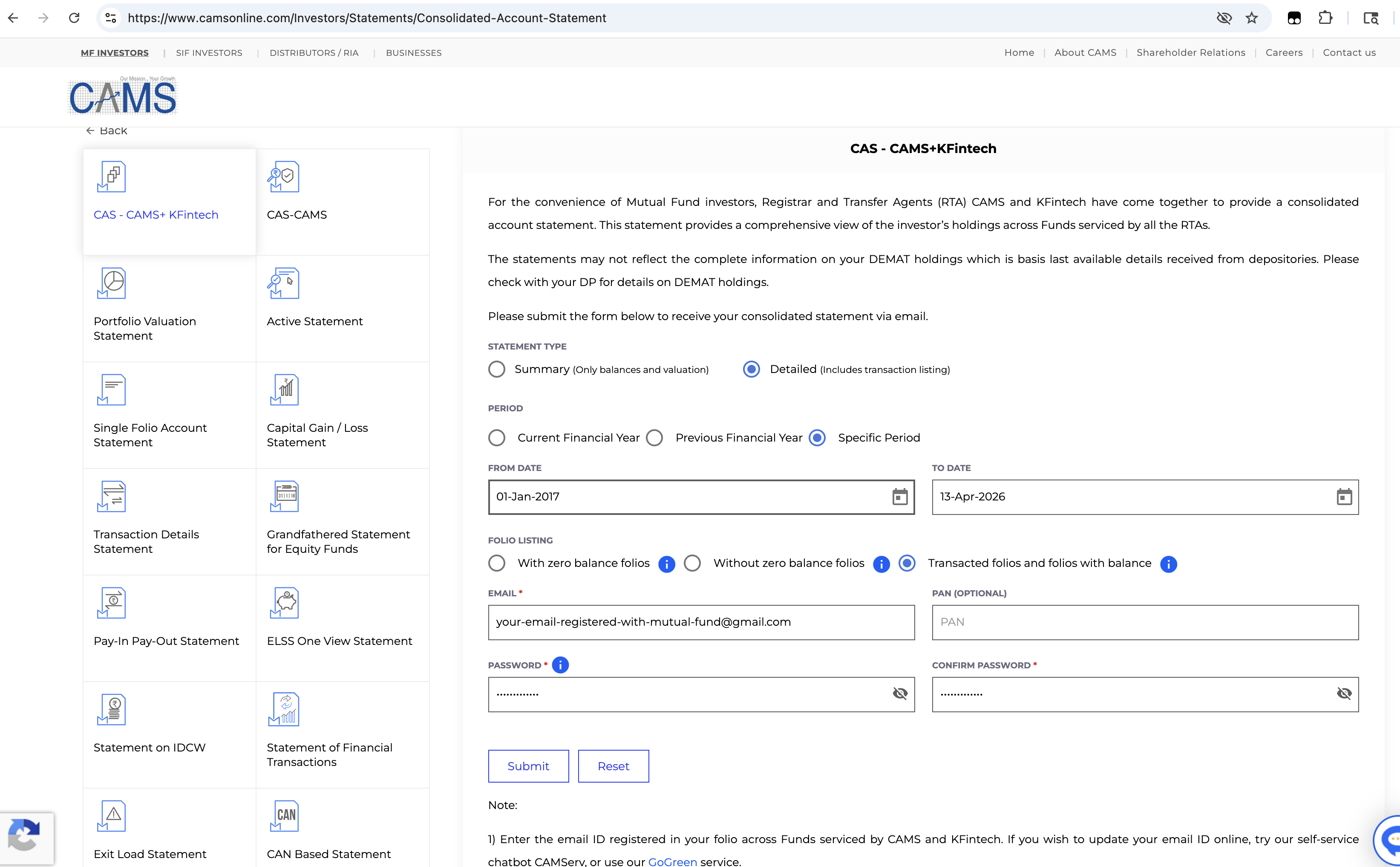 CAMS CAS form with recommended settings